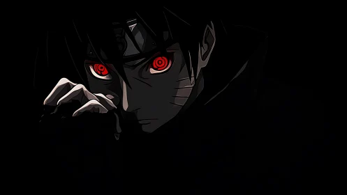 Red-eyed anime ninja emerges from darkness in stark focus.