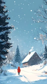 Snowy forest lane with red-coated figure near cottage.