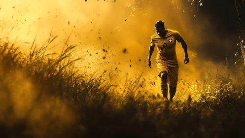 Solitary footballer walks through blazing golden dust storm