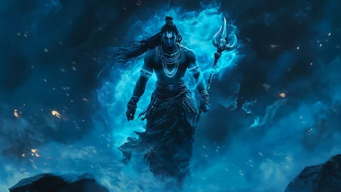 Divine warrior strides through blue cosmic storm aura.