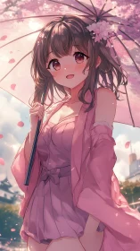 Anime portrait of girl under cherry blossoms with parasol.