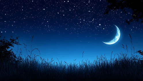 Digital nightscape with crescent moon and silhouetted meadow.