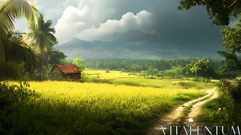 Rural rice fields with hut, dirt road and distant hills.