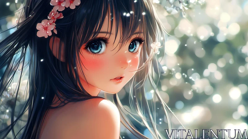 Blossom-haired anime girl gazes back through glowing bokeh light