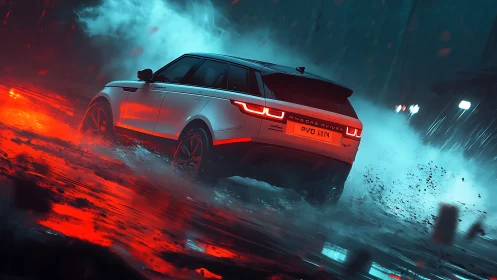 Sport SUV drifting through neon rainstorm at night.