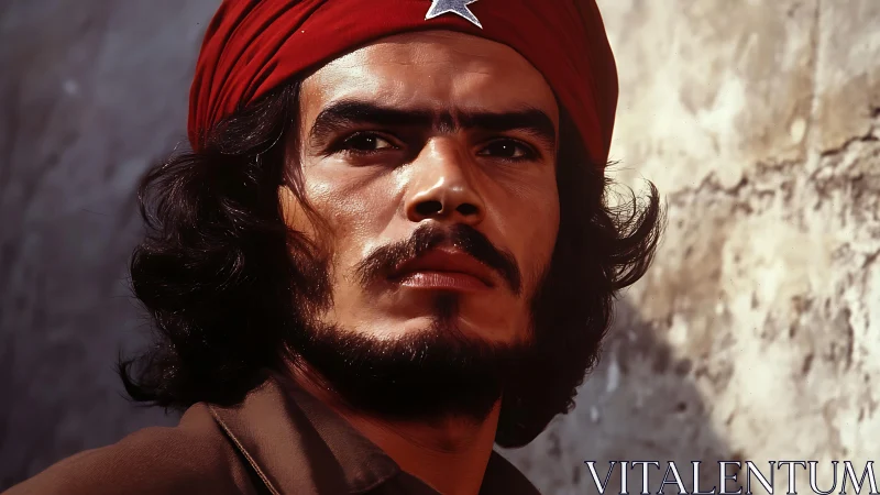 Rebel portrait under harsh light with red star turban