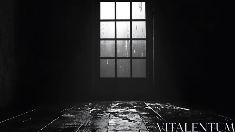 Dark empty room with single wet window and dim light.