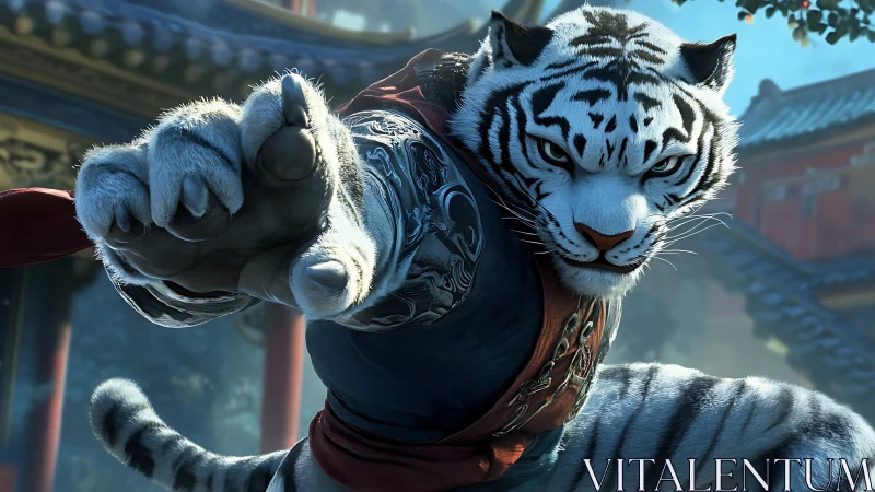 Martial white tiger warrior extends claw in dynamic strike