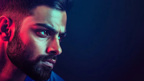 Electric resolve sharpens in neon shadows and cobalt hush