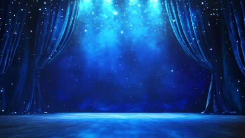 Starry blue theater stage under dramatic spotlight glow.