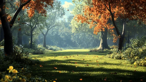Forest clearing with autumn canopy and morning light
