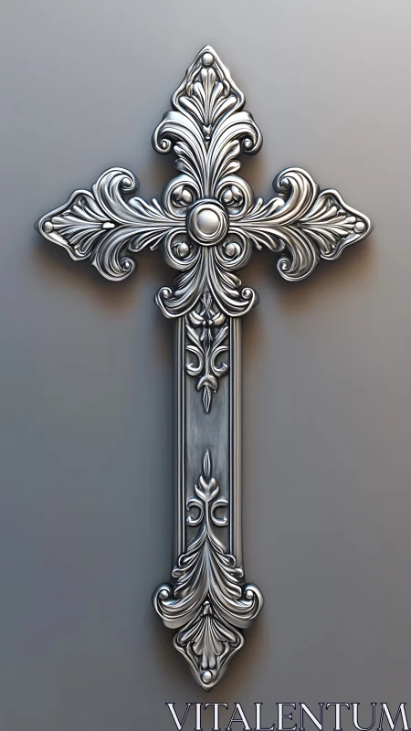 Ornate silver cross with sculpted baroque floral relief