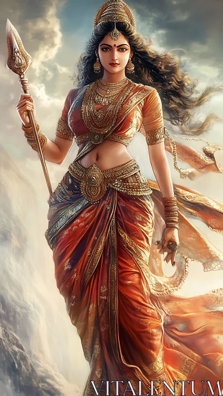 Regal female warrior in ornate attire with spear, frontal view.