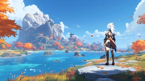 Wanderer of amber shores gazes over crystalline valley.