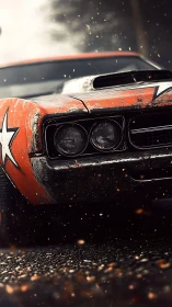 Weathered muscle car surges through sparks in cinematic close-up