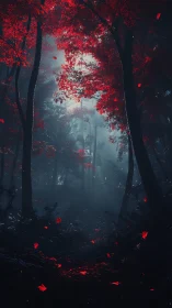 Crimson Canopy: Atmospheric Forest Pathway Through Luminous Foliage.