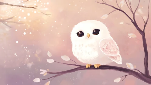 Cute White Owl on Branch in Soft Pastel Dreamy Digital Art.