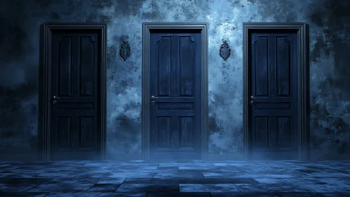Three closed wooden doors in dim blue corridor interior.