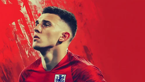 Male soccer player portrait in red stylized digital artwork