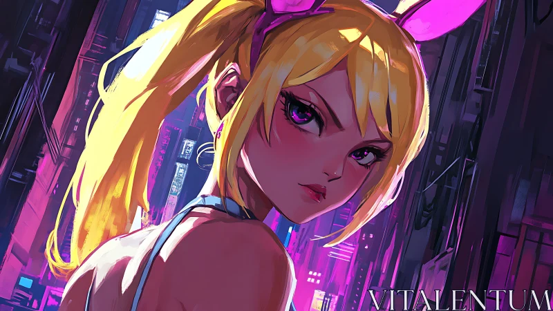 Neon city vigilante girl glows under electric magenta sky.