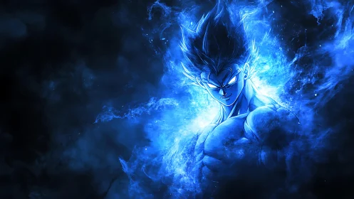 Starlit warrior ignites in electric blue cosmic fury.