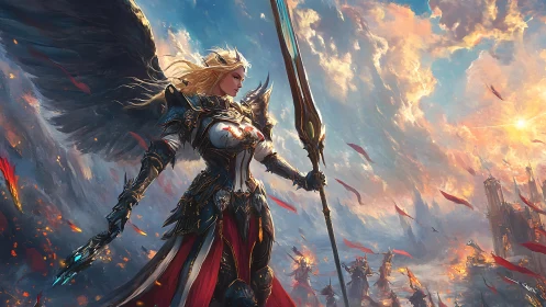 Winged paladin commander with greatsword over burning battlefield