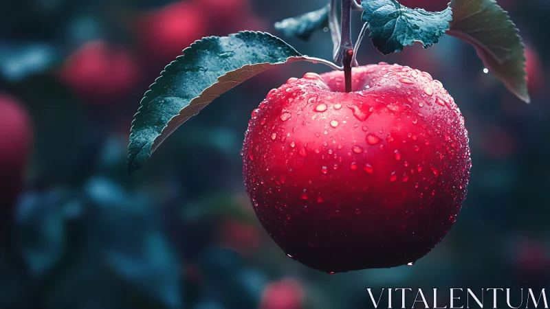 Red apple with water droplets in soft orchard focus.
