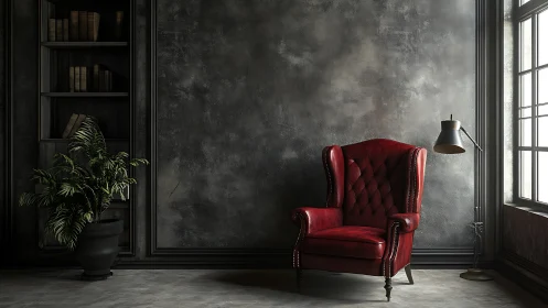 Red leather armchair glows against moody gray loft wall.