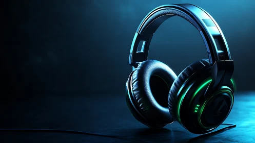 Over ear gaming headphones with green LED lighting on desk.