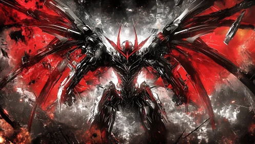 Steel seraph ignites a crimson storm across shattered skies