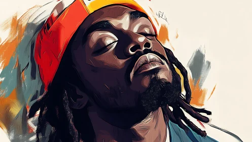 Portrait of man in red cap rendered with bold digital strokes