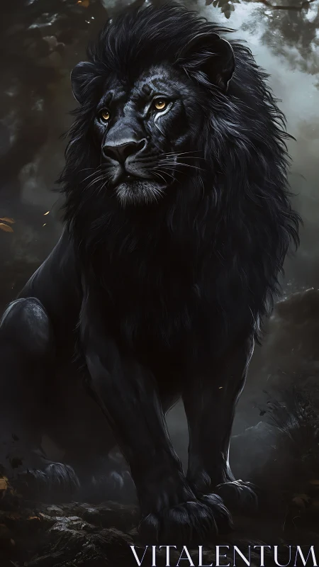 Black lion stands in dim forest light, staring forward