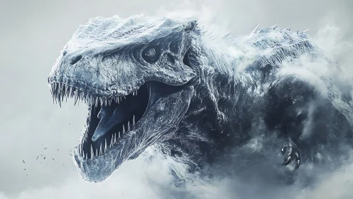 Cryogenic saurian colossus emerging from turbulent glacial mist.