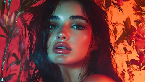 Luminous portrait in coral light and dreamy floral glow.