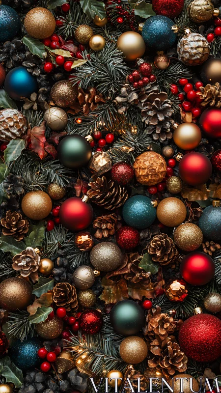 Ornamental Christmas baubles with pinecones and berries cluster.