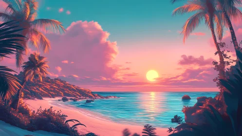 Neon sunset bathes a tranquil tropical beach in pastel light.