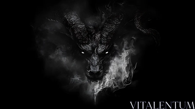 Demonic goat skull emerges from darkness with curling smoke