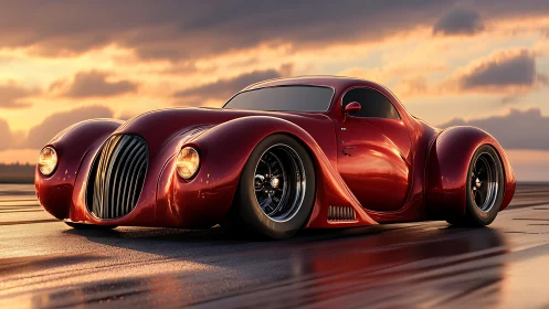 Streamlined red retro-futurist coupe on wet runway at sunset