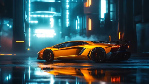 Neon-lit hypercar profile in moisture-slick cybernetic alleyway.