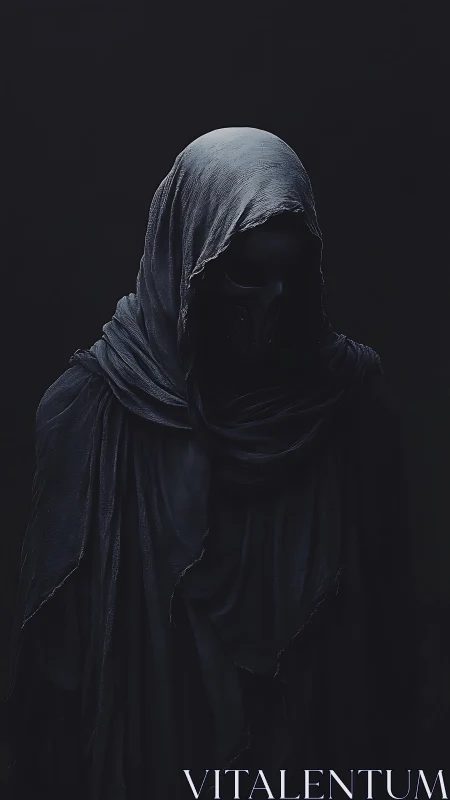 Hooded figure in dark draped cloth stands in deep shadow