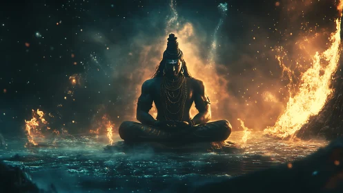 Divine blue figure meditates amid ethereal fire and water.