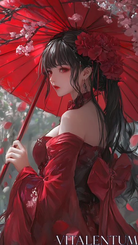 Crimson kimono maiden under red parasol with sakura petals