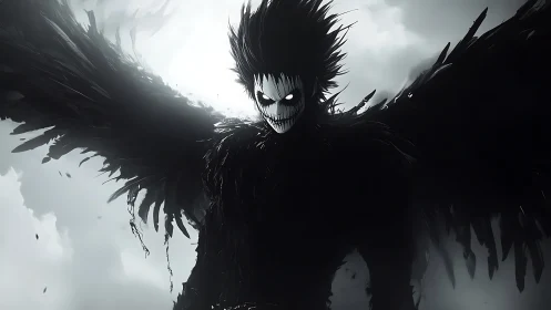 Winged humanoid silhouette with skeletal face in grayscale sky.