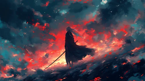 Solitary sword figure against turbulent red blue sky.