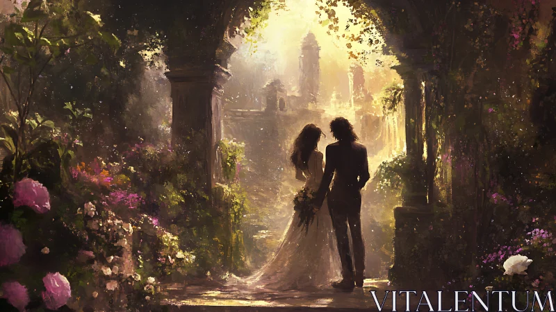 Couple Embraces in Enchanted Garden Passage at Golden Hour.