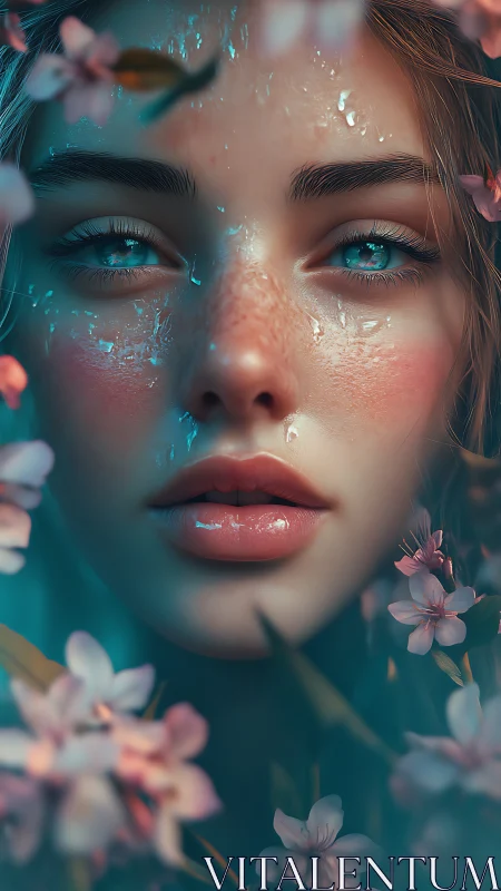 Digital portrait of blue eyed woman framed by blossoms.