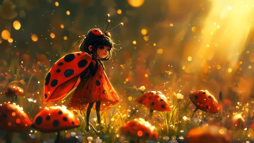 Ladybird girl in sunlit meadow with glowing bokeh field