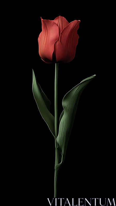 Red tulip with layered petals against black background study