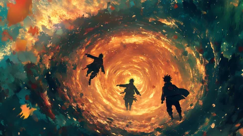 Silhouetted ninjas move toward bright swirling energy vortex