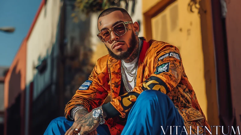 Street portrait of stylish man in orange jacket and chains.